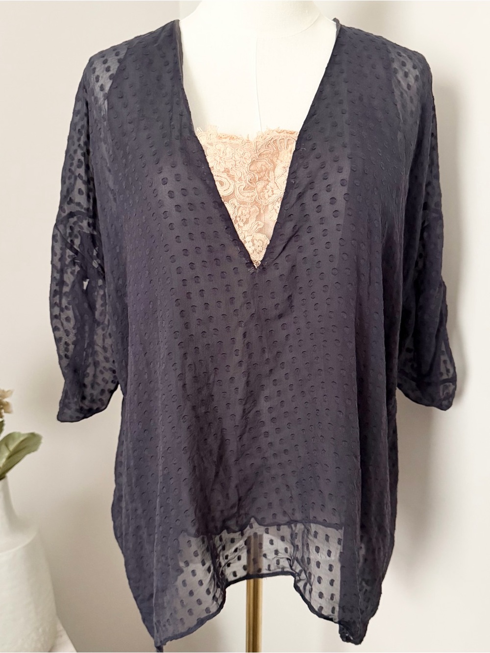 Yigal Azrouel Sheer Dotted V-Neck Top in Charcoal